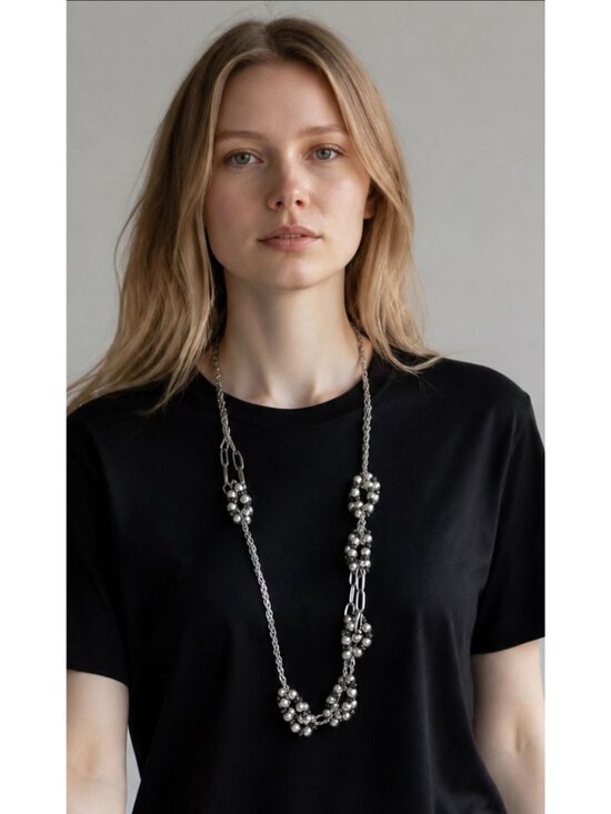 Talbots Jewelry - Talbots Asymmetrical Beaded Statement Necklace Chain-Link Faux Pearl Accents 28"